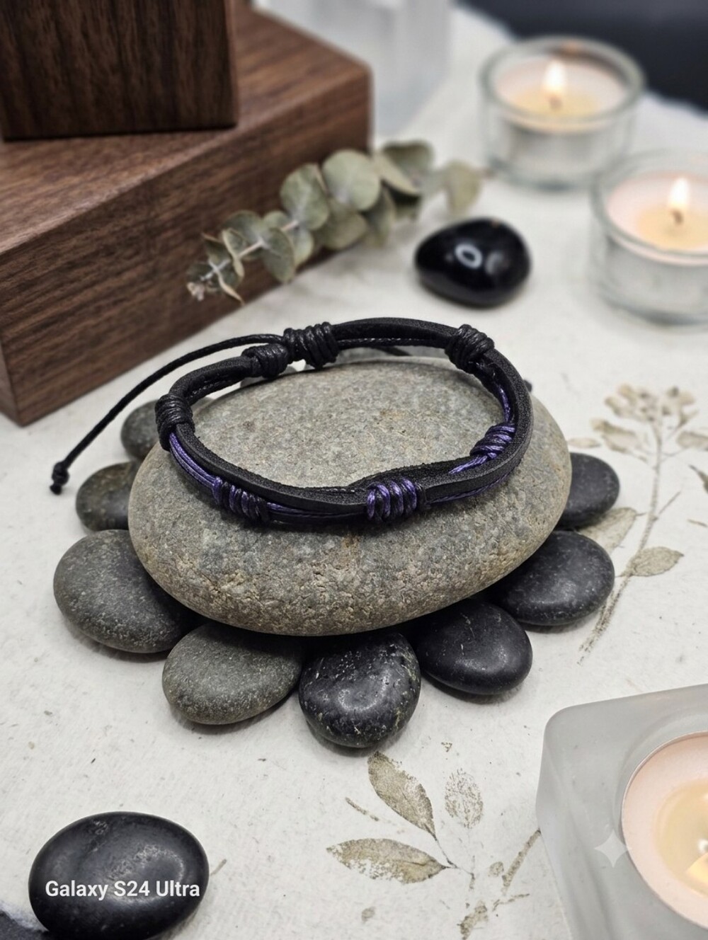 Black and Purple Adjustable Mens Leather Bracelet - Unbranded